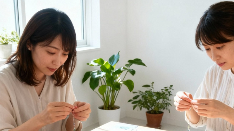 サンキャッチャー制作の手元（ワイヤーとビーズ）