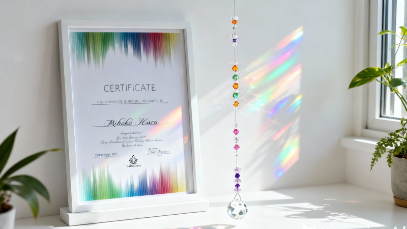 サンキャッチャー・カラーセラピー初級講座のディプロマと作品