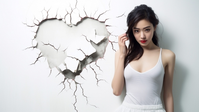 壊れたハートの横に立つ女性、行動できない理由を示す