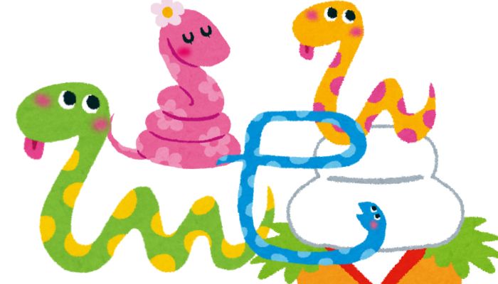 緑、紫、金、青の蛇