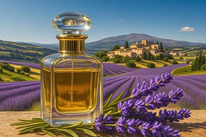 ラベンダー畑を背景に、紫の花と金色の香水が並ぶ癒しのイメージ