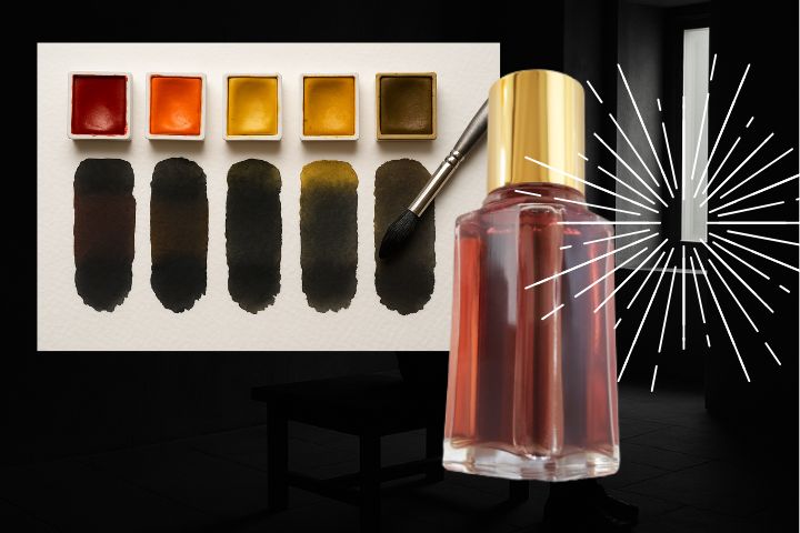 ダークからのボトルと、暖色系の絵の具に黒を混ぜてダークカラーを作る、実験イメージ