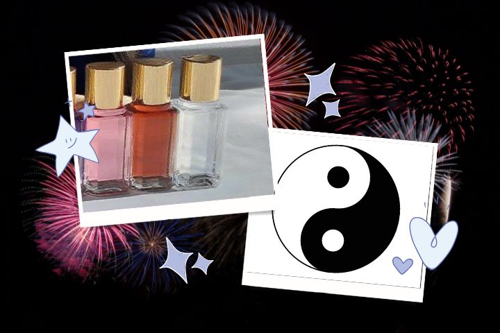 光と影、陰陽の調和を夜空に描いたボトルとタオマーク(陰陽図)のコラージュ。