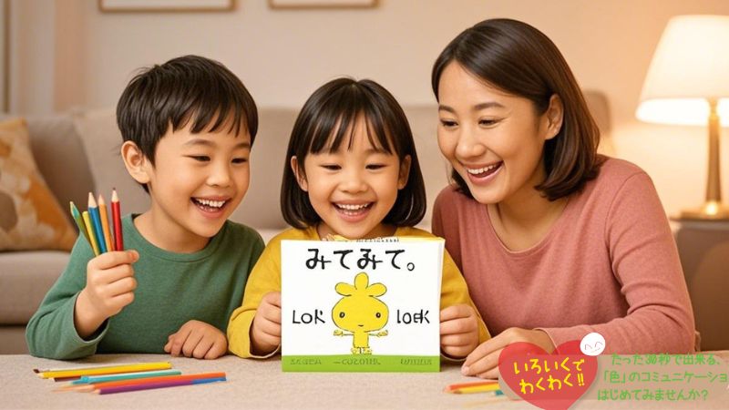 色育の絵本を囲む親子の笑顔。家庭での安心感と心の成長を感じる場面