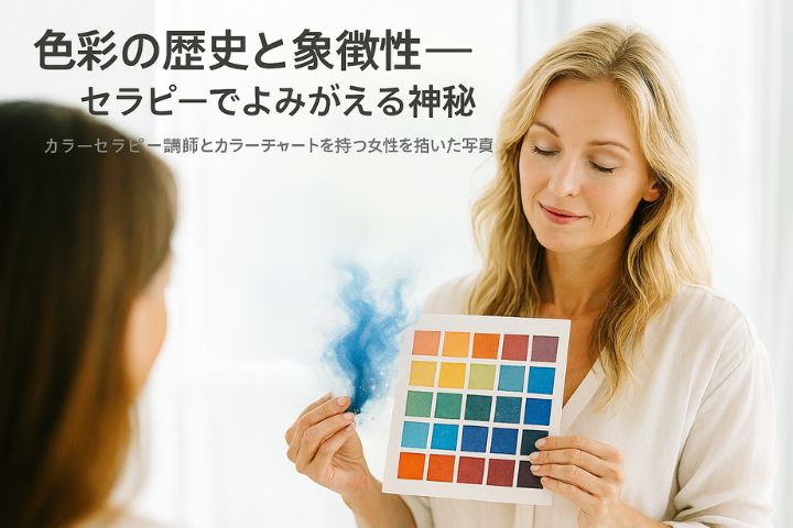 白い光に包まれた部屋で、カラーセラピー講師がカラーチャートを手に微笑む写真風イラスト。