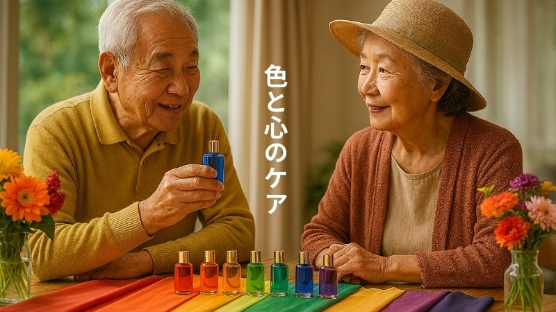 「カラーボトルを手にした高齢者が、色とりどりの布と花に囲まれて穏やかに対話する風景。色彩心理と心のケアを象徴する、温かく調和のとれた空間。