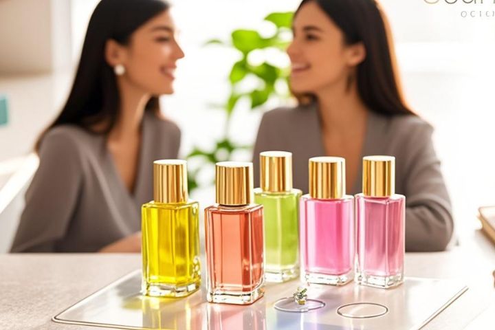 カラーセラピーのボトルと対話する女性