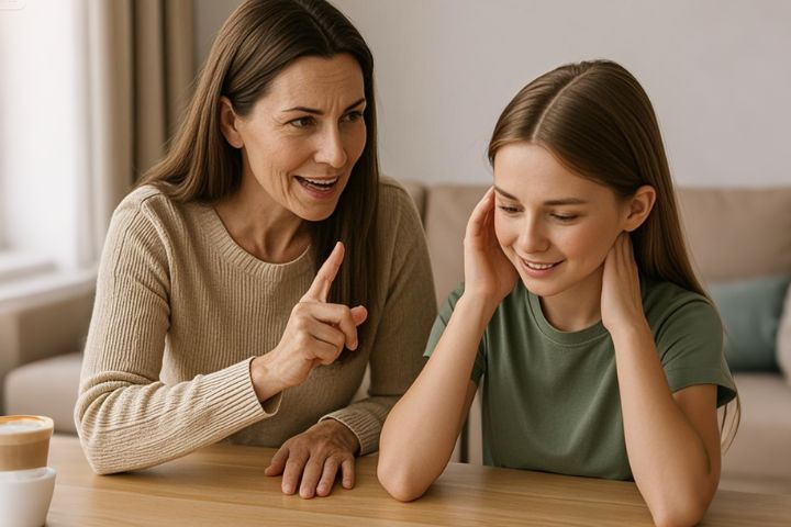 主婦が子どもにアドバイスする様子と、戸惑う子どもの表情