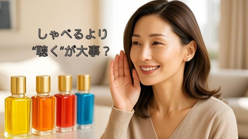 色彩と傾聴を象徴するカラーボトルと優しく話しを聴く女性
