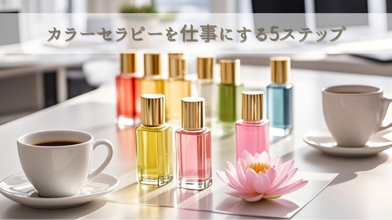 カラーセラピーを仕事にする5ステップ｜カラーボトルとコーヒーカップが並ぶ講座紹介イメージ