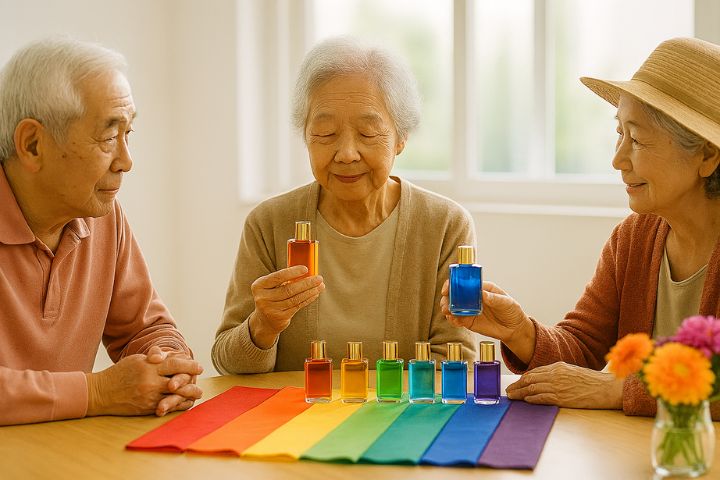 高齢者施設で行われる色彩セラピーの様子。色とりどりの布やカラーボトルを囲みながら、穏やかな表情で対話する高齢者たち。明るい白色光が差し込む空間で、言葉よりも色で気持ちを伝え合う、心の負担が軽くなる場面。