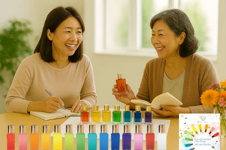 白い布の上にカラーボトルが並ぶテーブルを囲み、カラーセラピスト講座を学ぶ40代・50代の女性たち。色彩心理や傾聴を通じて、未来の自分と人にやさしく備える穏やかな学びの風景。