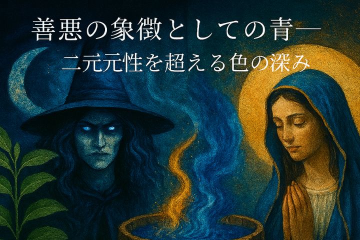 魔女と聖母が青をまとい向き合う幻想的なイラスト。