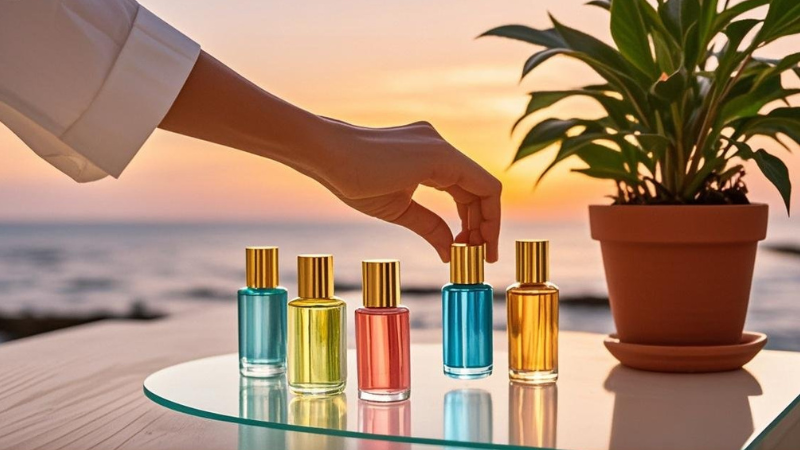 カラーボトルを並べた写真＋50代女性の手元