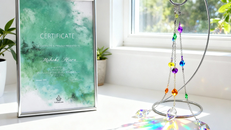 サンキャッチャー・カラーセラピー中級講座のディプロマと作品