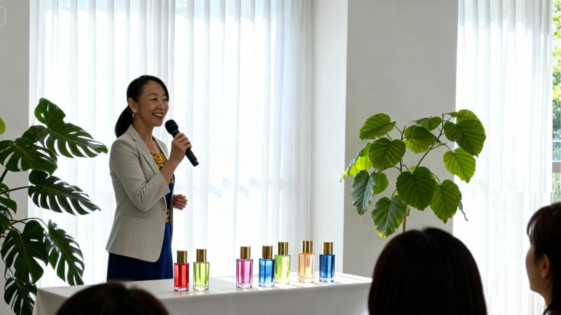 企業研修でカラーコミュニケーションをテーマに講演する講師の姿