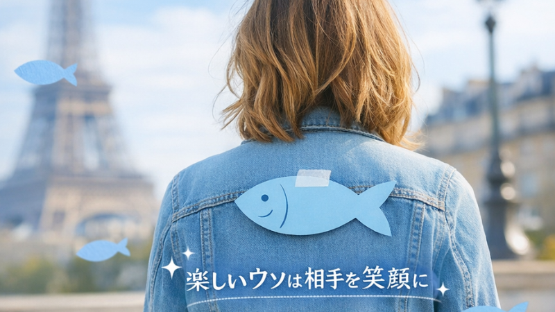 背中に青い紙の魚がそっと貼られている女性