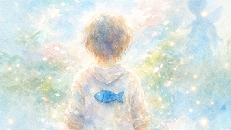 子どもの背中に青い紙の魚がそっと貼られているエイプリルフールの物語